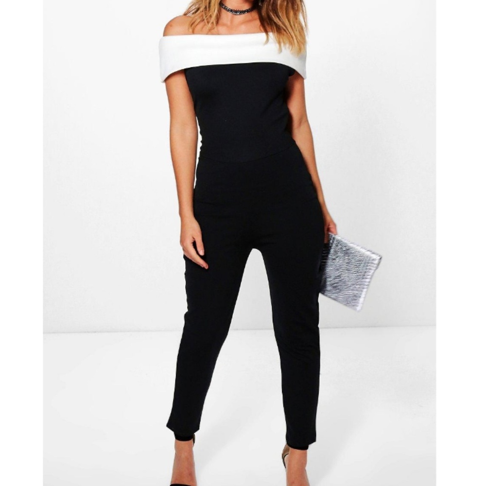 Black & White Off the Shoulder Skinny leg Jumpsuit